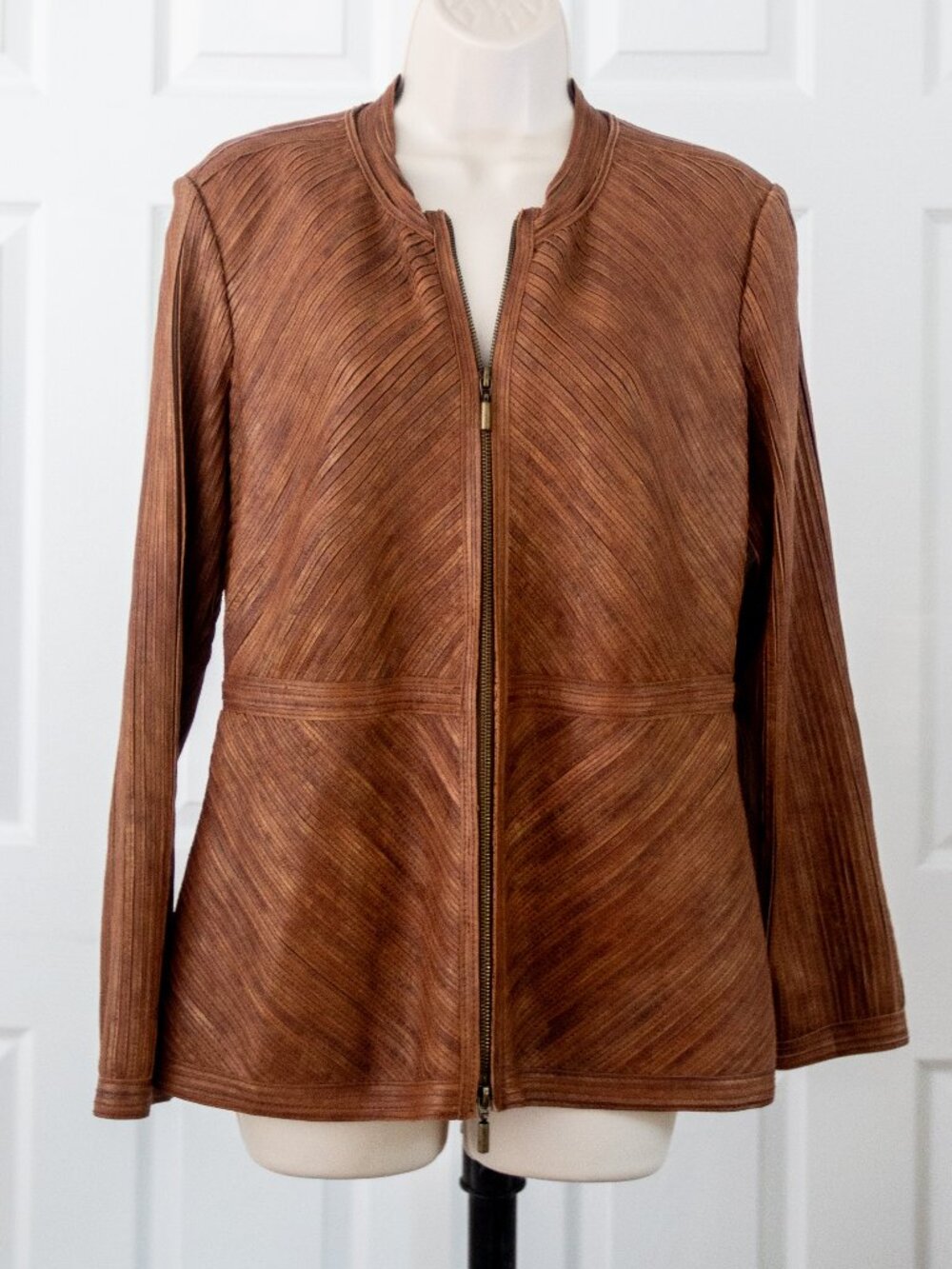 Brown Textured 100% Leather Stretchy Zip-Front Jacket